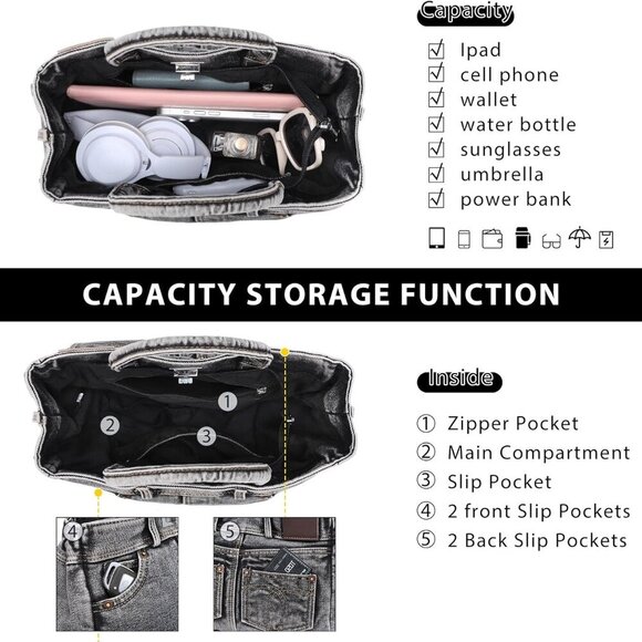 Lightweight Satchel Shoulder Purse for Women with Adjustable Strap - Black Jean - Picture 6 of 6